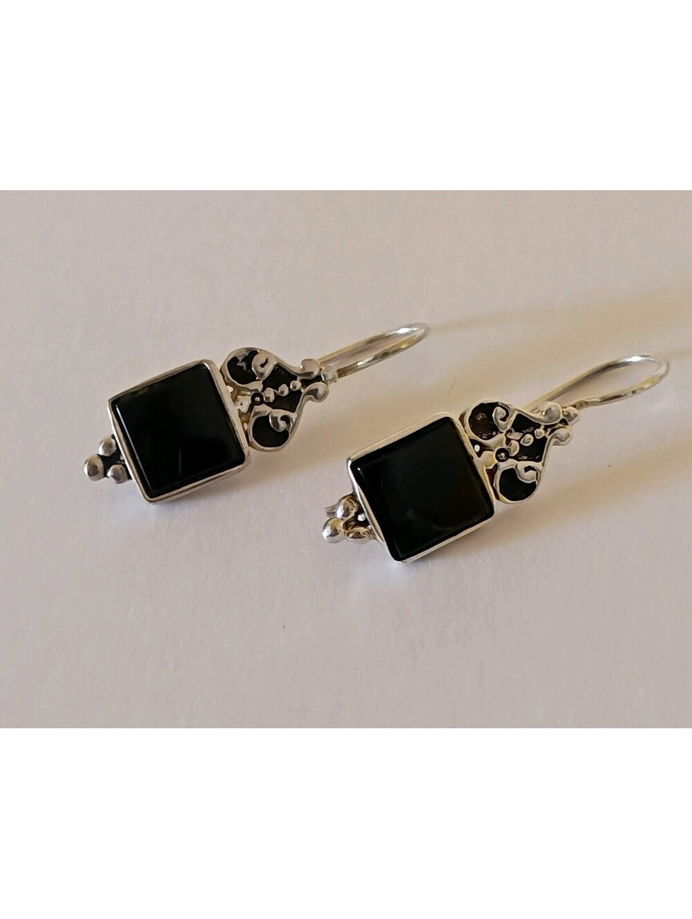 Vintage Estate Sale Sterling Silver 925 Black Onyx Dangle Drop Hook Earrings